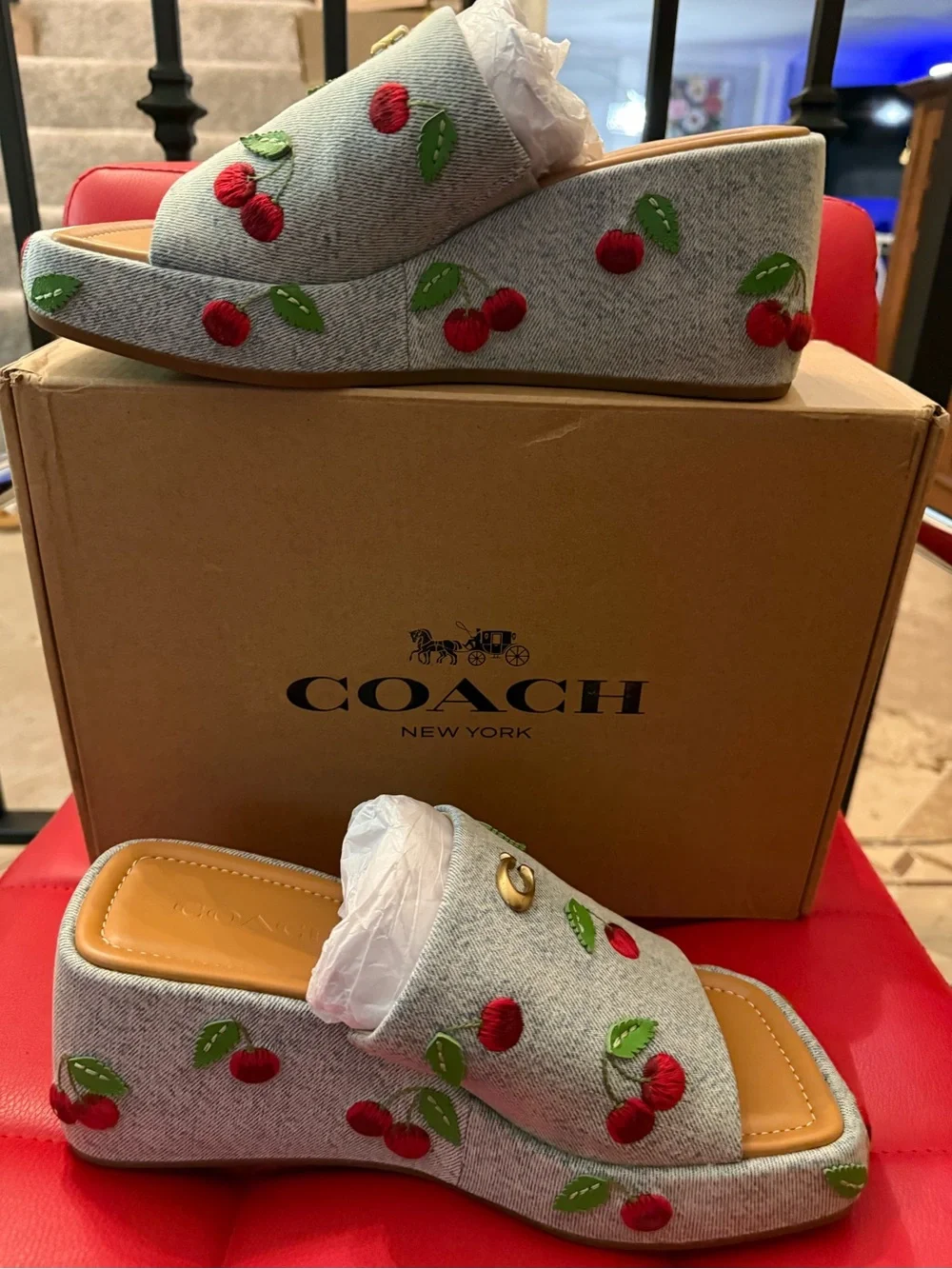 NWT Coach Marcy Denim Cherry Embroidery Platform Slides | Size 7.5